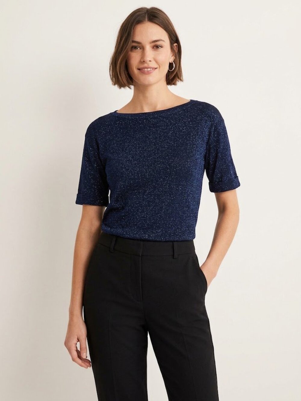 Ann Taylor Metallic Sparkle Rolled Short-Sleeve Sweater in Black and Blue